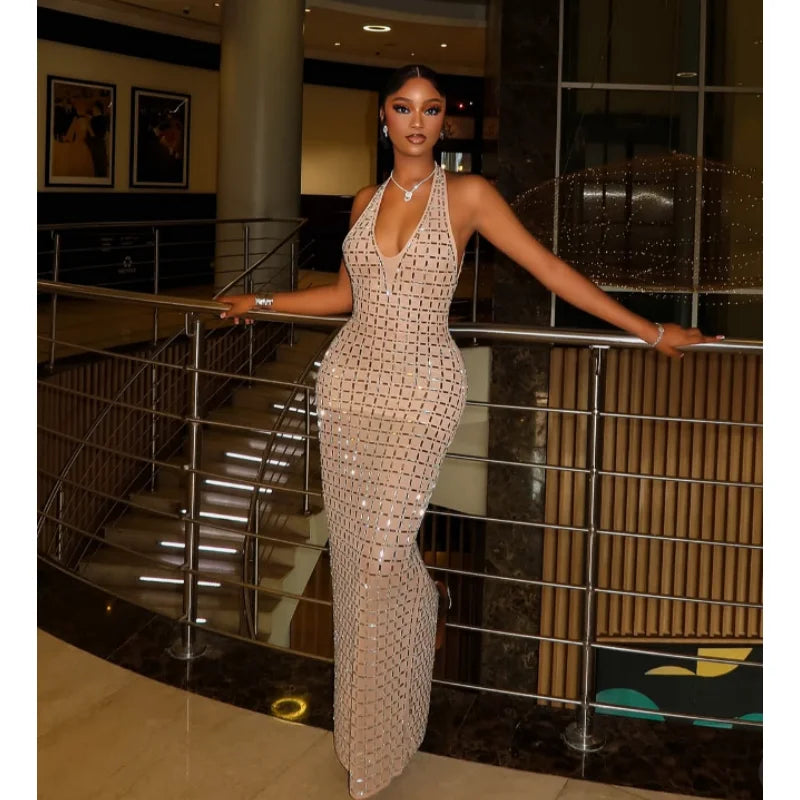 Super Sparkling Diamonds Sexy See Through Mesh V-Neck Sheath Ankel Length Dress Fashion Woman Party Dress Birthday Party Outfit