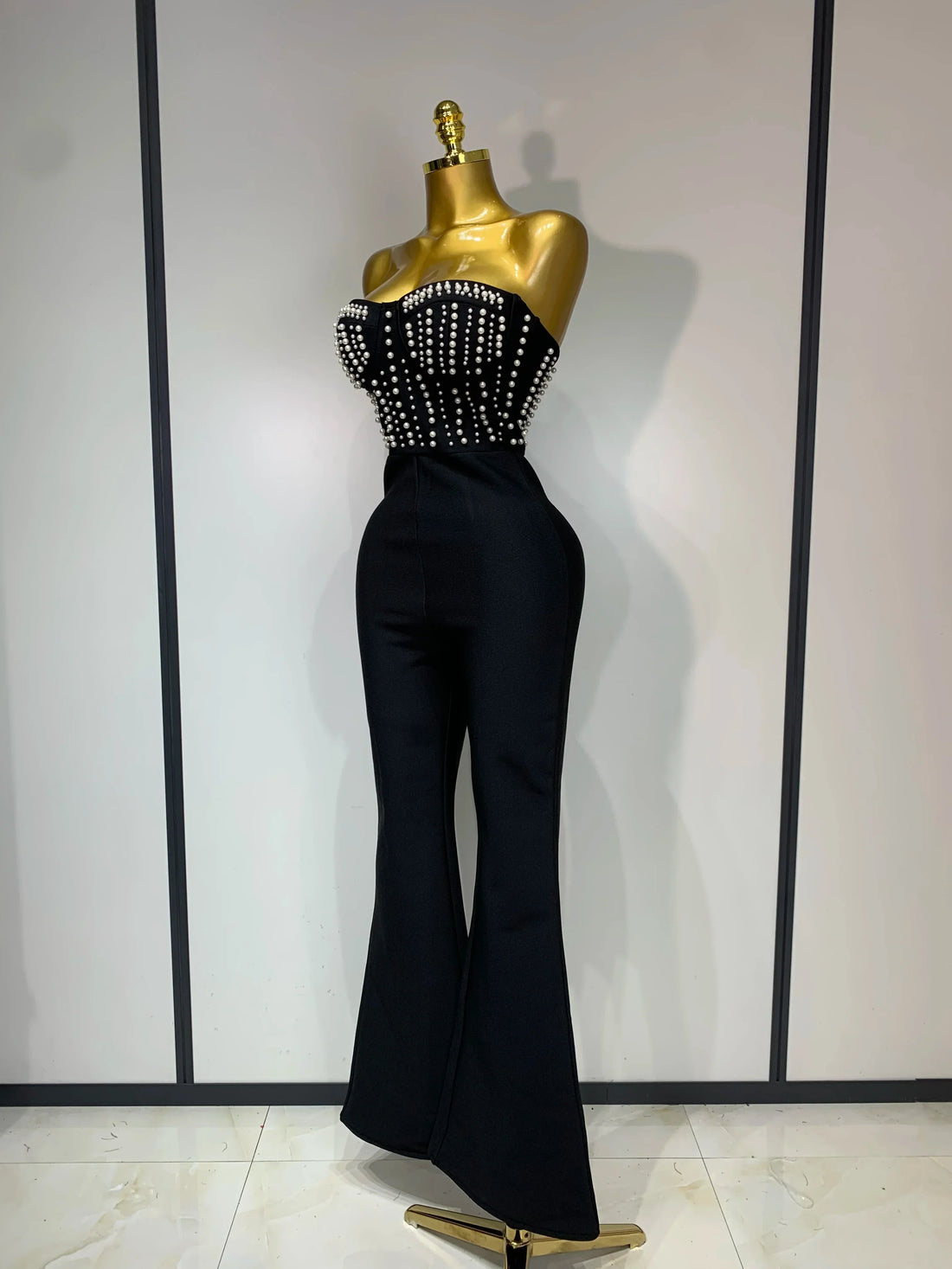 Women Sexy Black Sleeveless Backless Pearls Beaded StraplessBeading Bodycon Bandage Jumpsuit Evening Party Birthday Club Outfit black