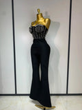 Women Sexy Black Sleeveless Backless Pearls Beaded StraplessBeading Bodycon Bandage Jumpsuit Evening Party Birthday Club Outfit
