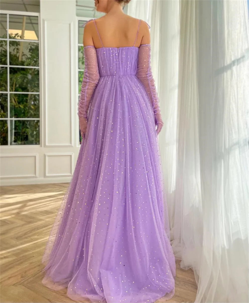 Sweet Cape A-line Prom Dress Lavender Evening Dress Glitter Organza فستان سهرة Sweet Tulle Sweep Train Party Dresses