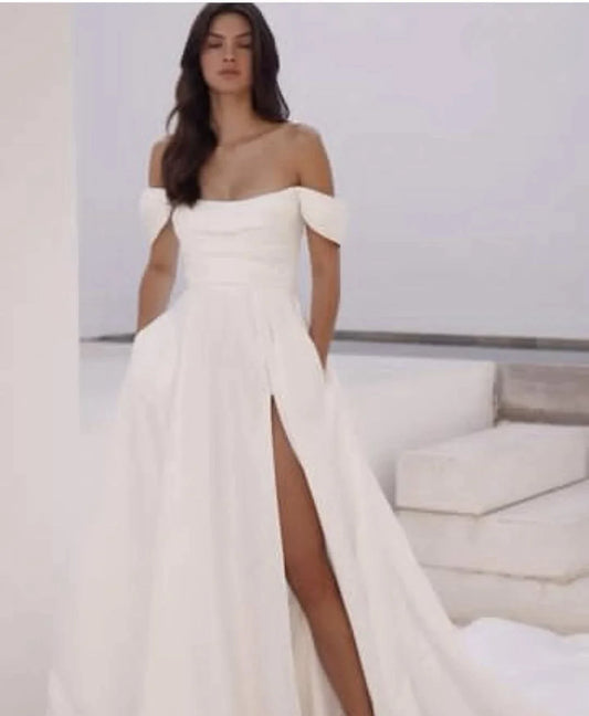 Vestido de novia de satén elegante, manga corta con abertura lateral para mujer con bolsillo, vestidos de novia civiles personalizados a medidas elegantes 