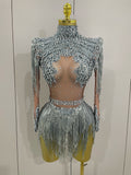 Sparkly Rhinestone Sequin Tassel Stretch Bodysuits Women Birthday Party Nightclub Dj Stage Performance Costume Silver