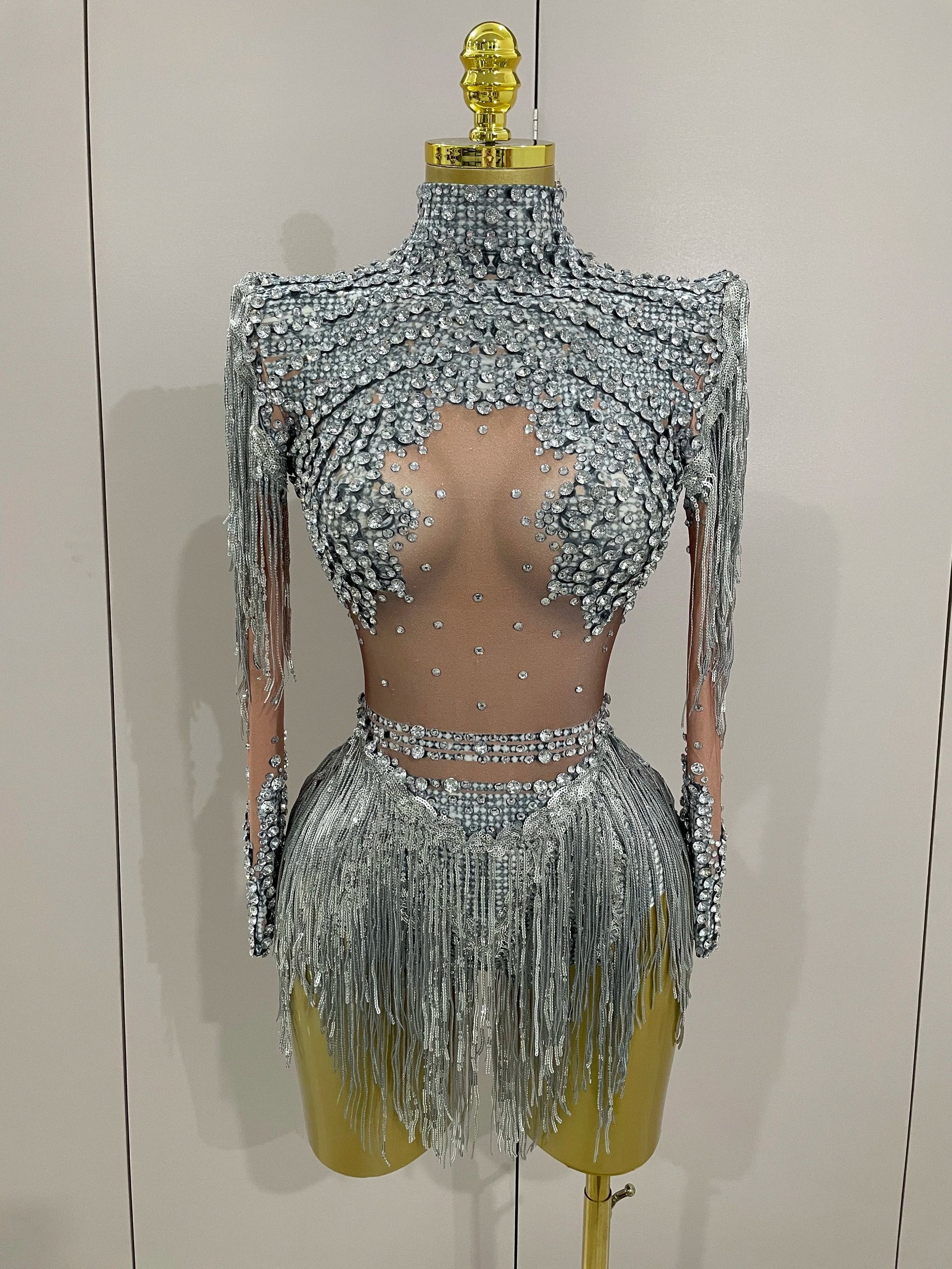 Sparkly Rhinestone Sequin Tassel Stretch Bodysuits Women Birthday Party Nightclub Dj Stage Performance Costume Silver