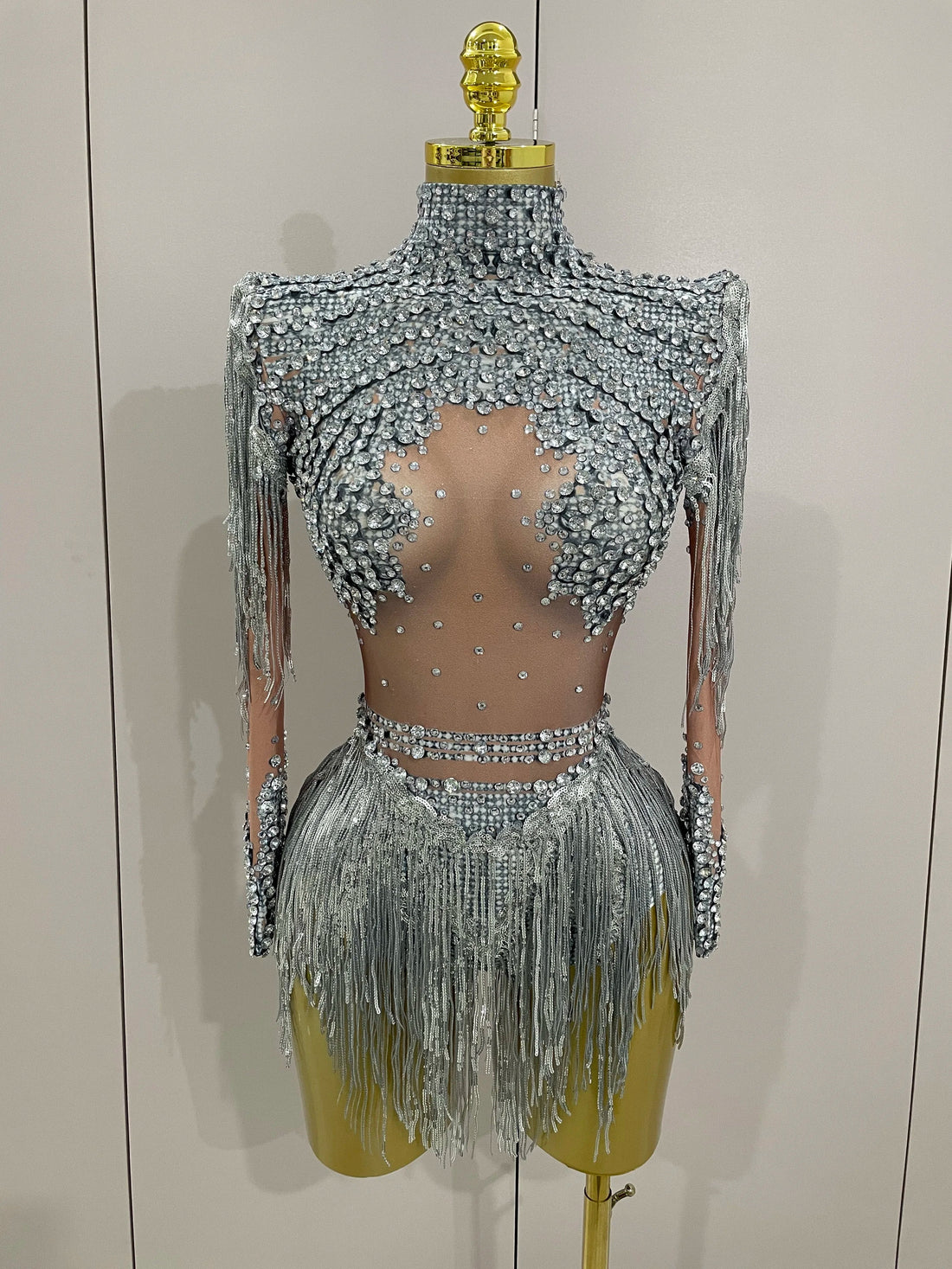 Women Sparkly Rhinestone Sequin Tassel Stretch Bodysuits Birthday Party Nightclub Dj Stage Performance Costume Silver