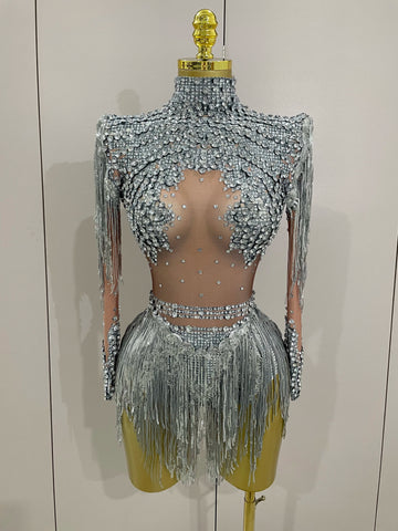Women Sparkly Rhinestone Sequin Tassel Stretch Bodysuits Birthday Party Nightclub Dj Stage Performance Costume Silver