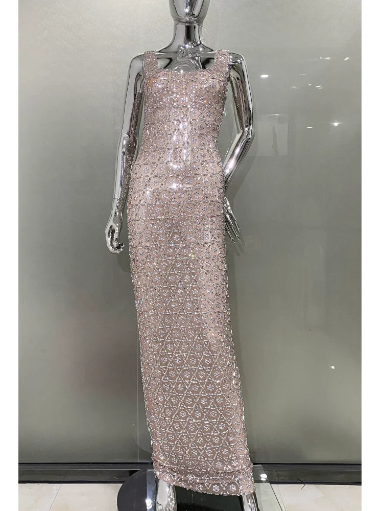 Super Shining Diamonds Sexy Mesh See Through Bodycon Long Dress Fashion Woman Evening Party Dress Stage Performance Costume As Picture