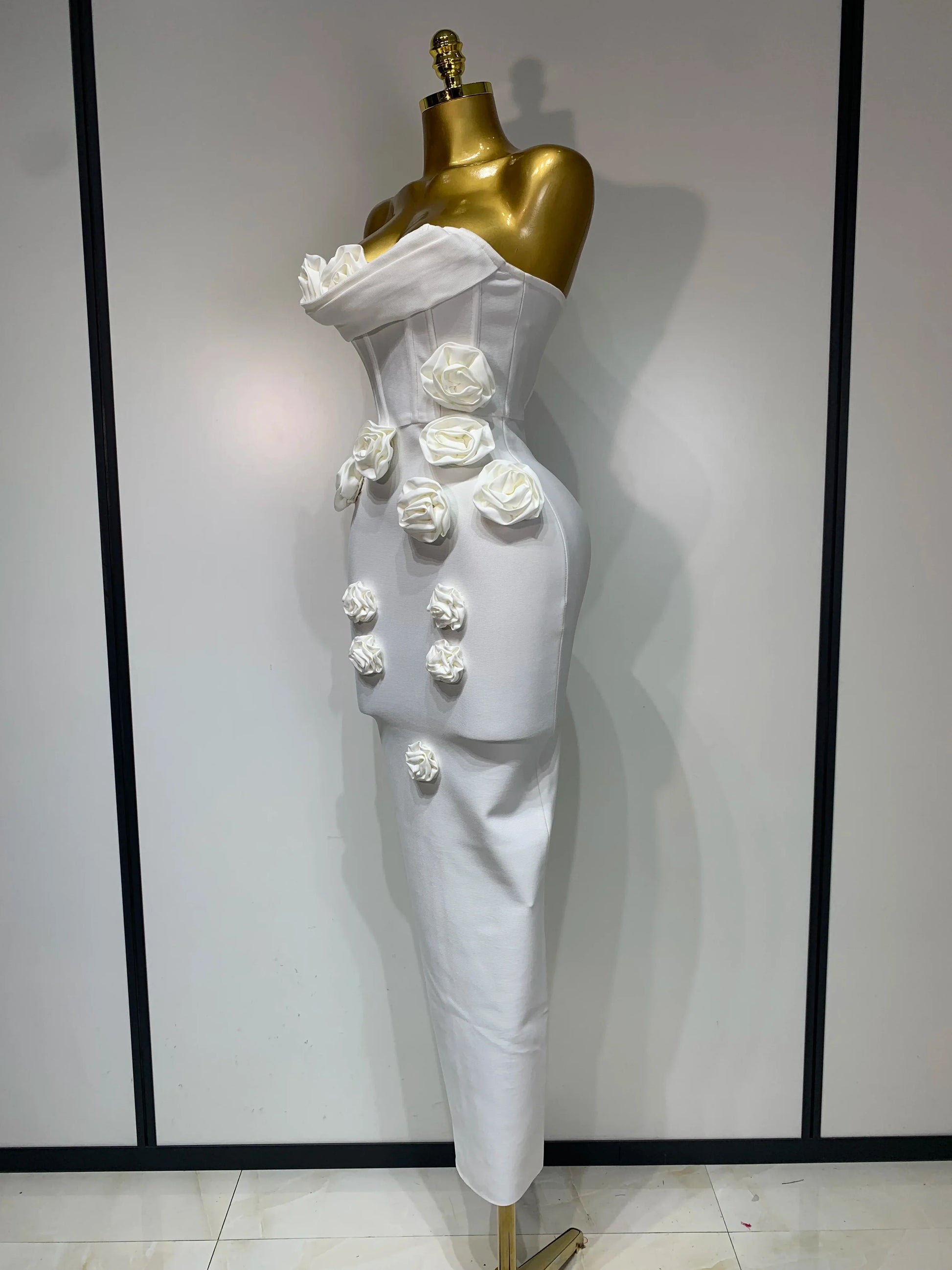 Women Sexy Bodycon Dress Fashion White Elegant Strapless Flower Slim Dress Casual Streetwear Club Birthday Party Dresses