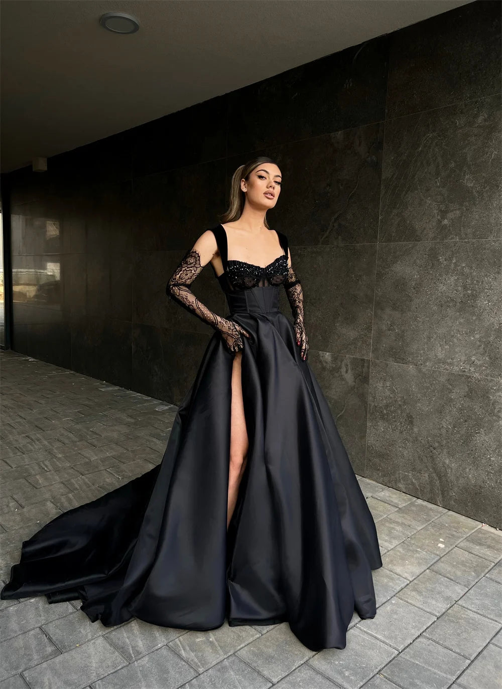 Gothic A-line Prom Dress Elegant Silk Satin Evening dress Sweep Tail فستان سهرة Sweet Spaghetti Strap Party Dresses