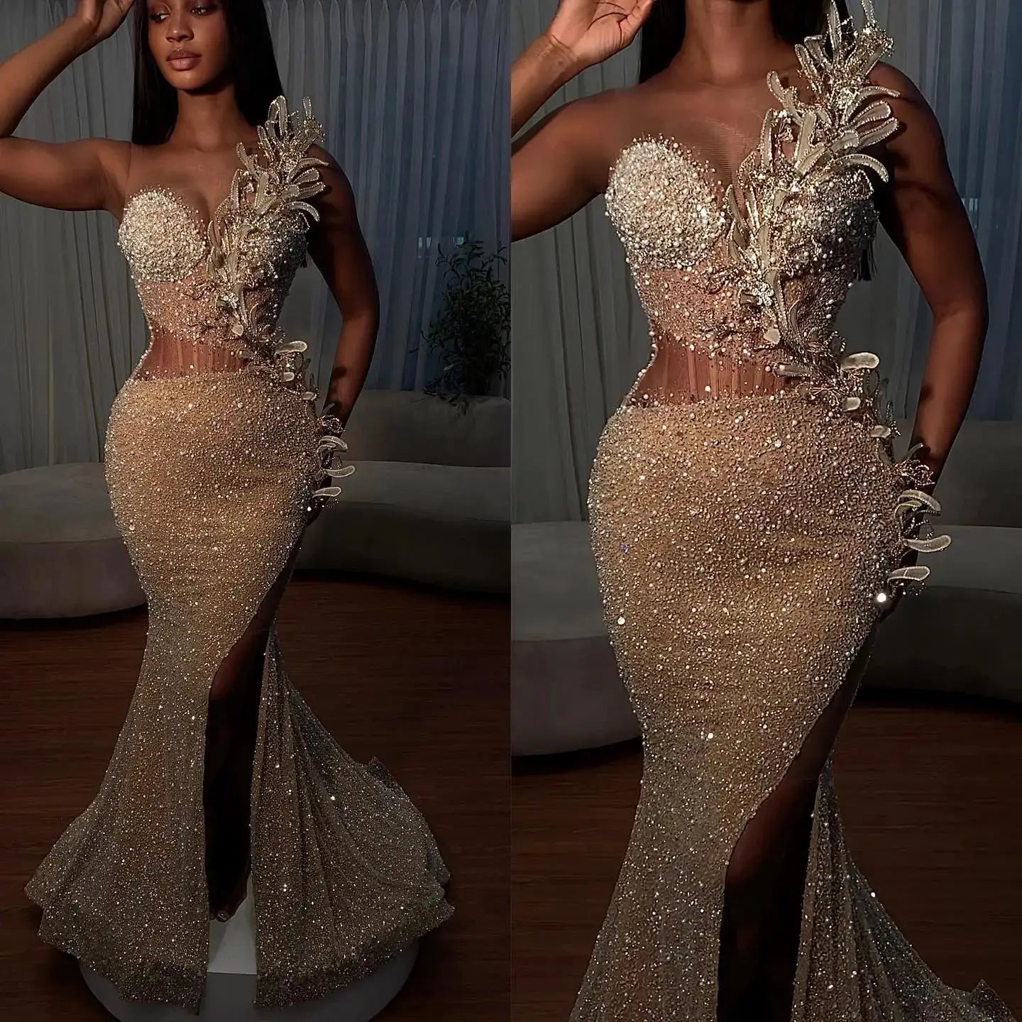 Sparkly Beaded Floral Mermaid Prom Dress Dubai Arabic Formal Party Dresses Sexy High Slit Sequin Beaded Shiny Evening Dress