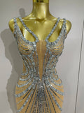 Luxury Sexy Silver Rhinestone Mesh See Through Long Dress Women Birthday Party Prom Gown Singer Nightclub Stage Costume