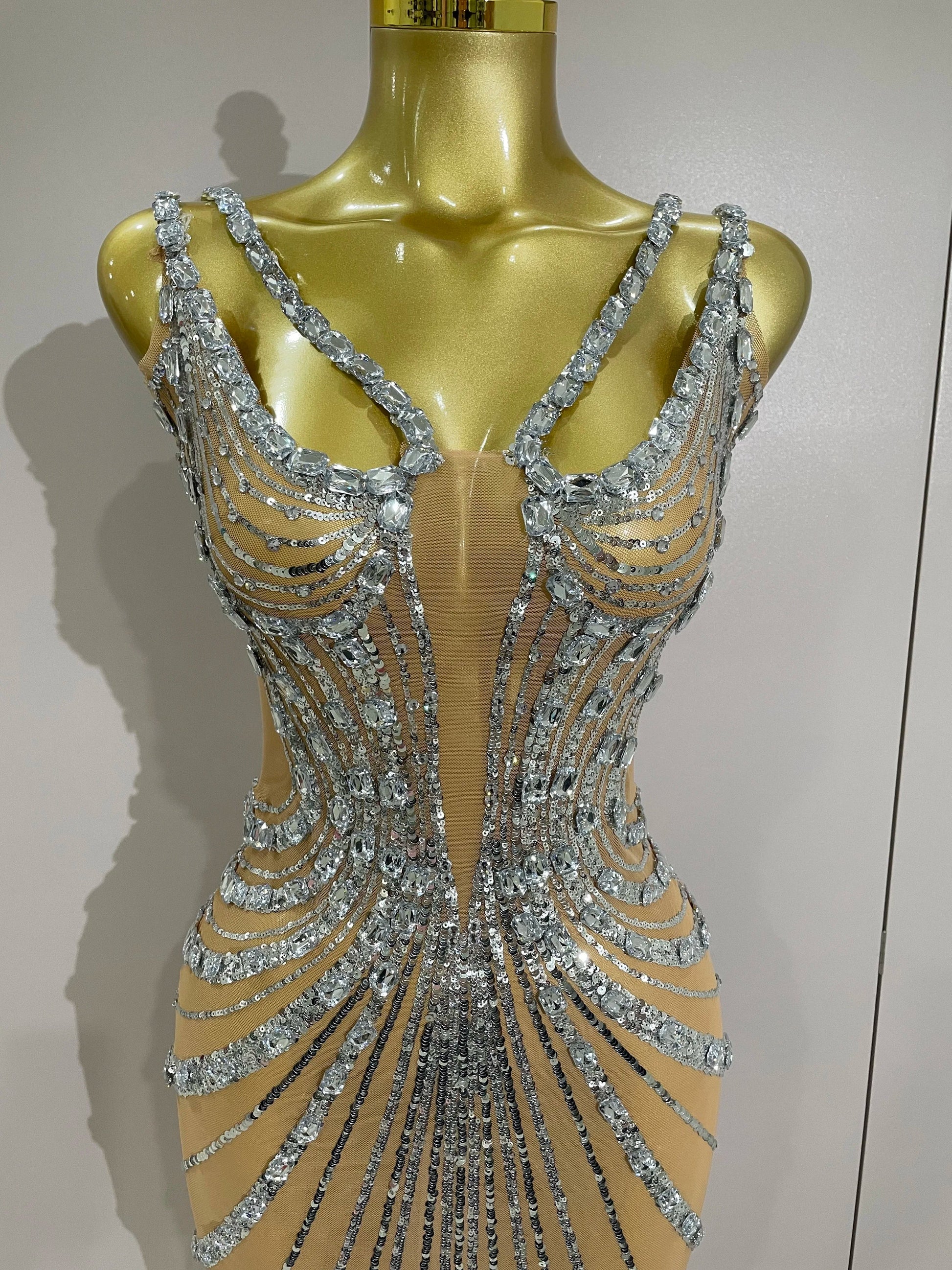 Luxury Sexy Silver Rhinestone Mesh See Through Long Dress Women Birthday Party Prom Gown Singer Nightclub Stage Costume