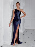 Formal Women's Evening Prom Elegant Party wedding guest Celebrity Female Satin Maxi Club Wear Cocktail Dresses Navy Blue