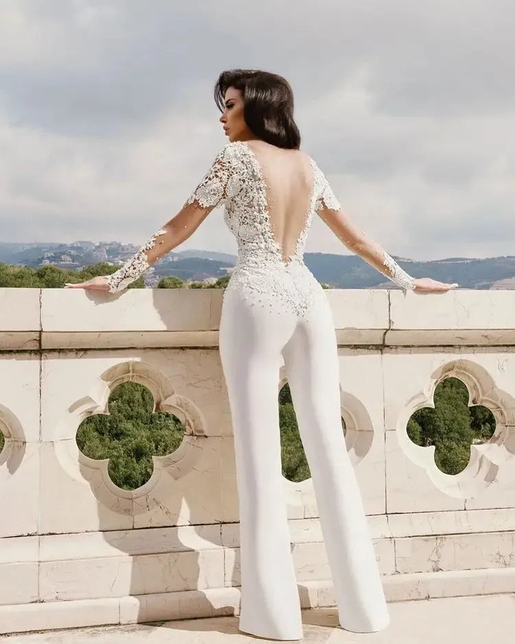 Sexy Jumpsuits Wedding Dress Long Sleeve Lace Appliqued Beaded Satin Boho Bridal Dresses Wedding Gowns Vestido de Noiva As picture 16