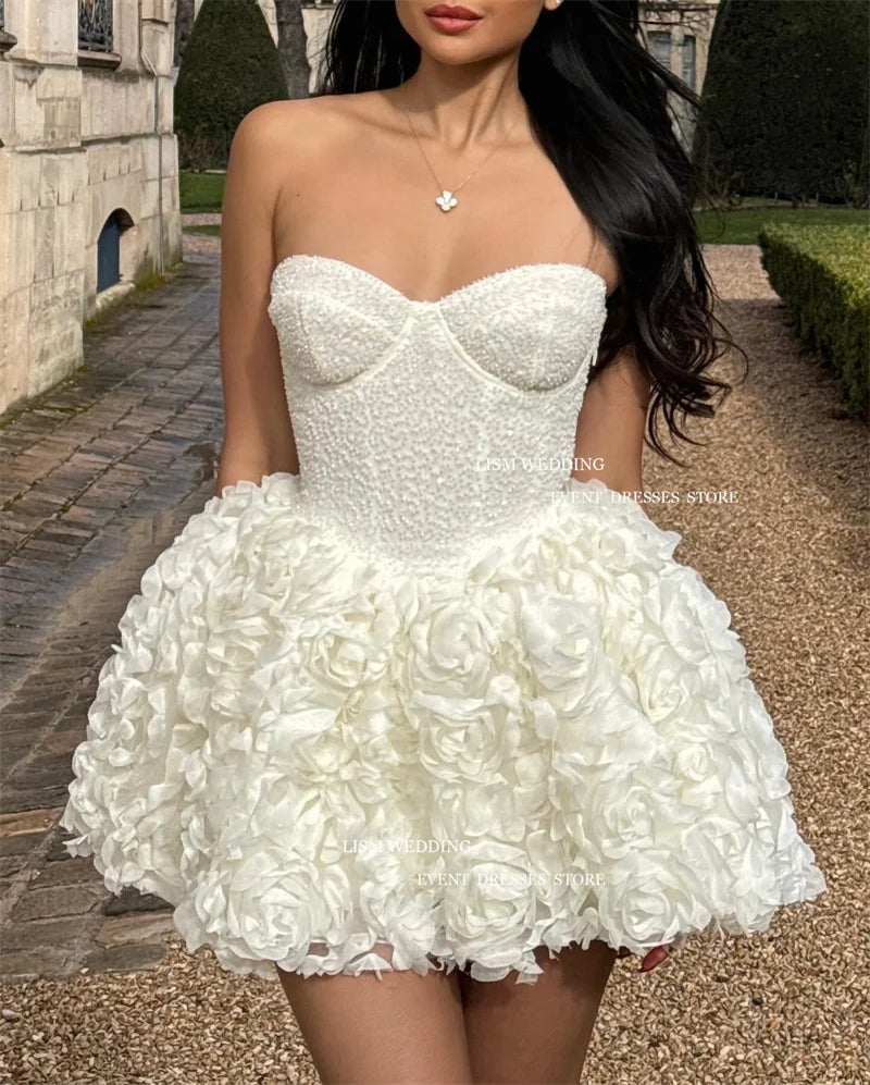 Sparky Sexy A-Line Mini Wedding Dresses 3D Flowers Sweetheart Sequins Gaun Pengantin Pendek Vestidos de Novia Custom Made