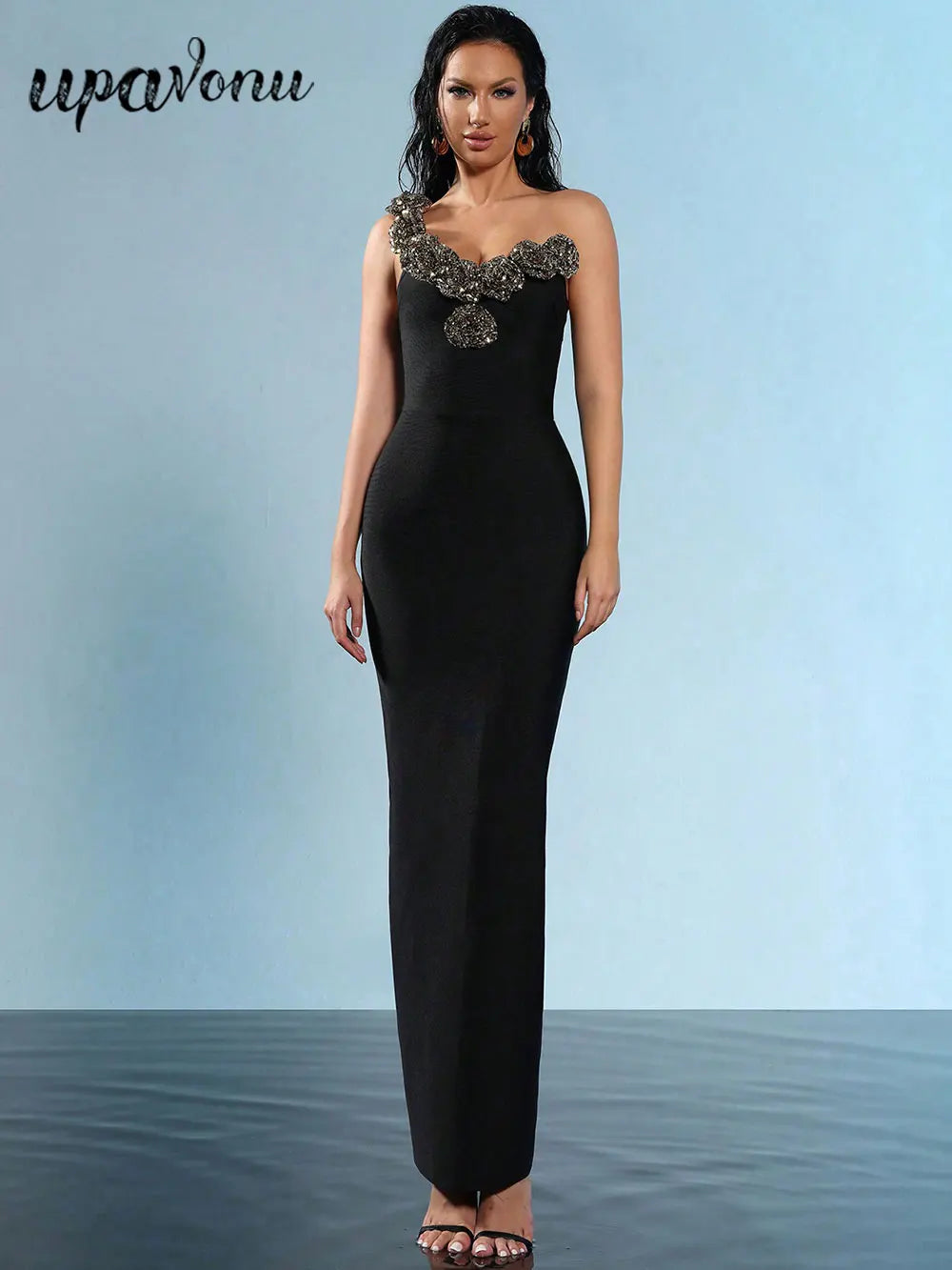 Sexy Women's Light Luxury Sparkle Flower Design Bandage Dress One Shoulder Sleeveless Bodycon Long Dresses Party Vestidos black