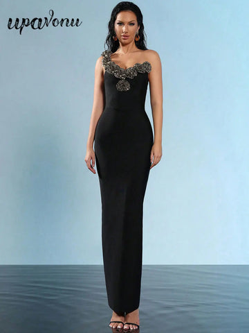 Sexy Women's Light Luxury Sparkle Flower Design Bandage Dress One Shoulder Sleeveless Bodycon Long Dresses Party Vestidos black