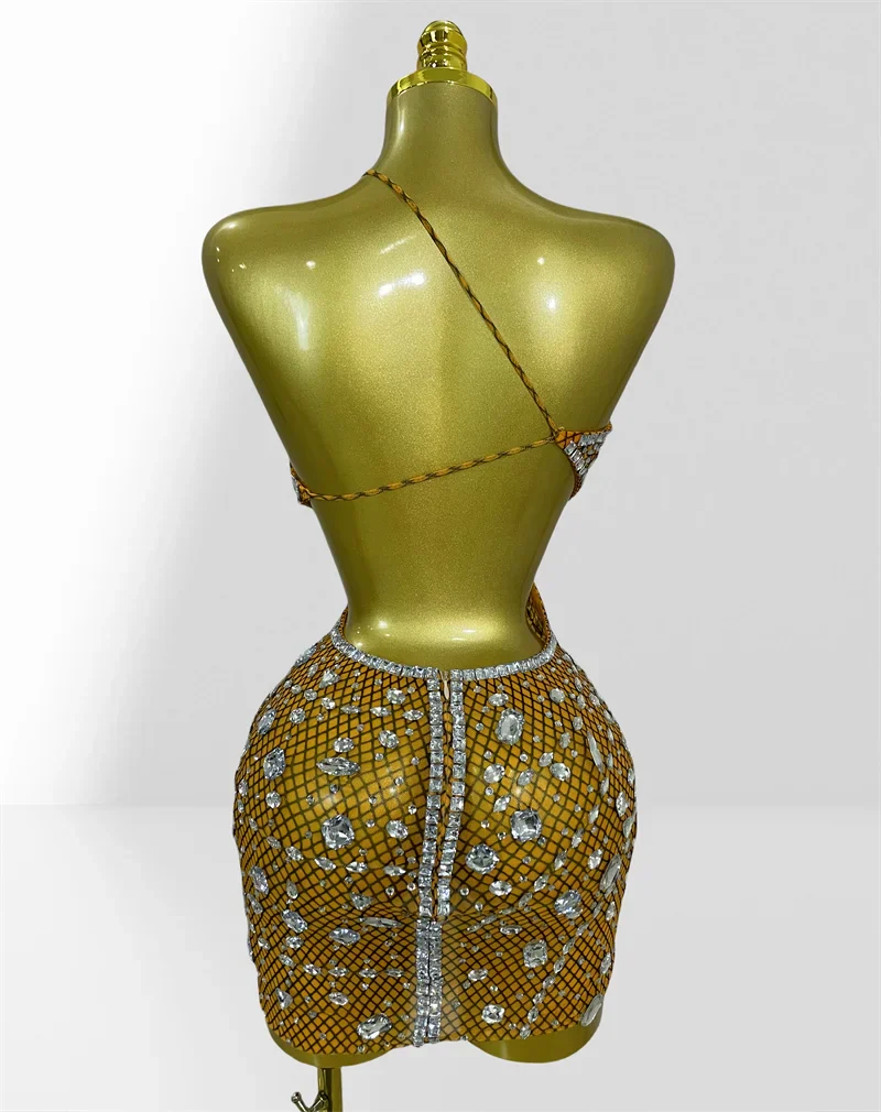 Sparkling Diamonds Sexy Hollow Out Blackless Mesh See Through Mini Dress Fashion Woman Evening Party Dress Birthday Party Outfit