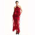 Women Gauze Perspective Irregular Elegant Long Party Dress Ruffles Sleeveless Fashion Tide Summer Red