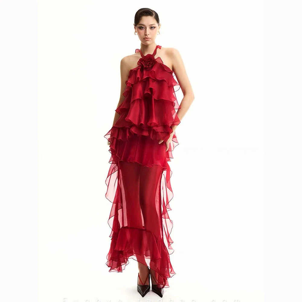 Women Gauze Perspective Irregular Elegant Long Party Dress Ruffles Sleeveless Fashion Tide Summer Red