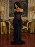 Women Sexy Strapless Ruffle Slim Maxi Dress for cummerbund Elegant Sleeveless Lady Evening Party Gowns Female Robes