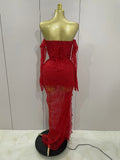 Women Sexy Strapless Backless Red Lace Split Maxi Long Bodycon Dress Celebrity Elegant Evening Club Birthday Party Outfit