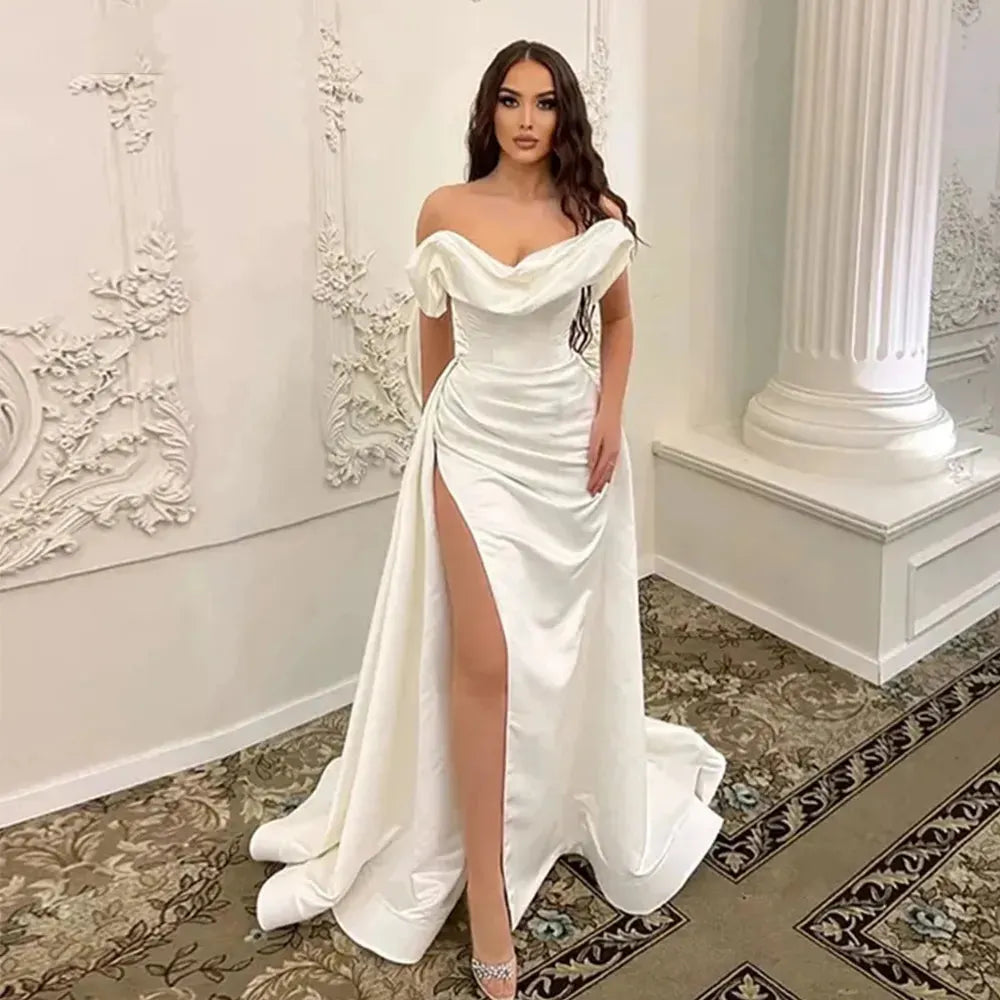 Elegant Satin Wedding Dresses For Bride Ribbons Princess Backless Off Shoulder High Split Civil Bridal Gowns Chapel Train Ivory 14w Satin