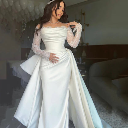 Elfenbein Meerjungfrau Hochzeitskleid von der Schulterbrautkleid Spitze Langarm Vestidos de Novia Prinzessin Hochzeitskleider