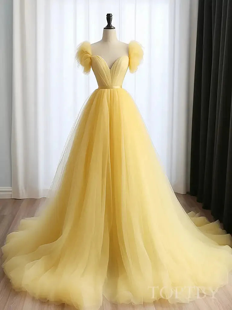 Elegant Prom Dresses Formal Party A-line Tulle Evening Gown Sweethaert Pleats A Line Empire Waist Long Special Occasion Gowns Yellow