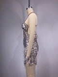 Sliver Sequins Diamonds Tassel Sexy V-Neck Strapless Mini Evening Dress Woman Birthday Party Outfit Stage Performance Costume