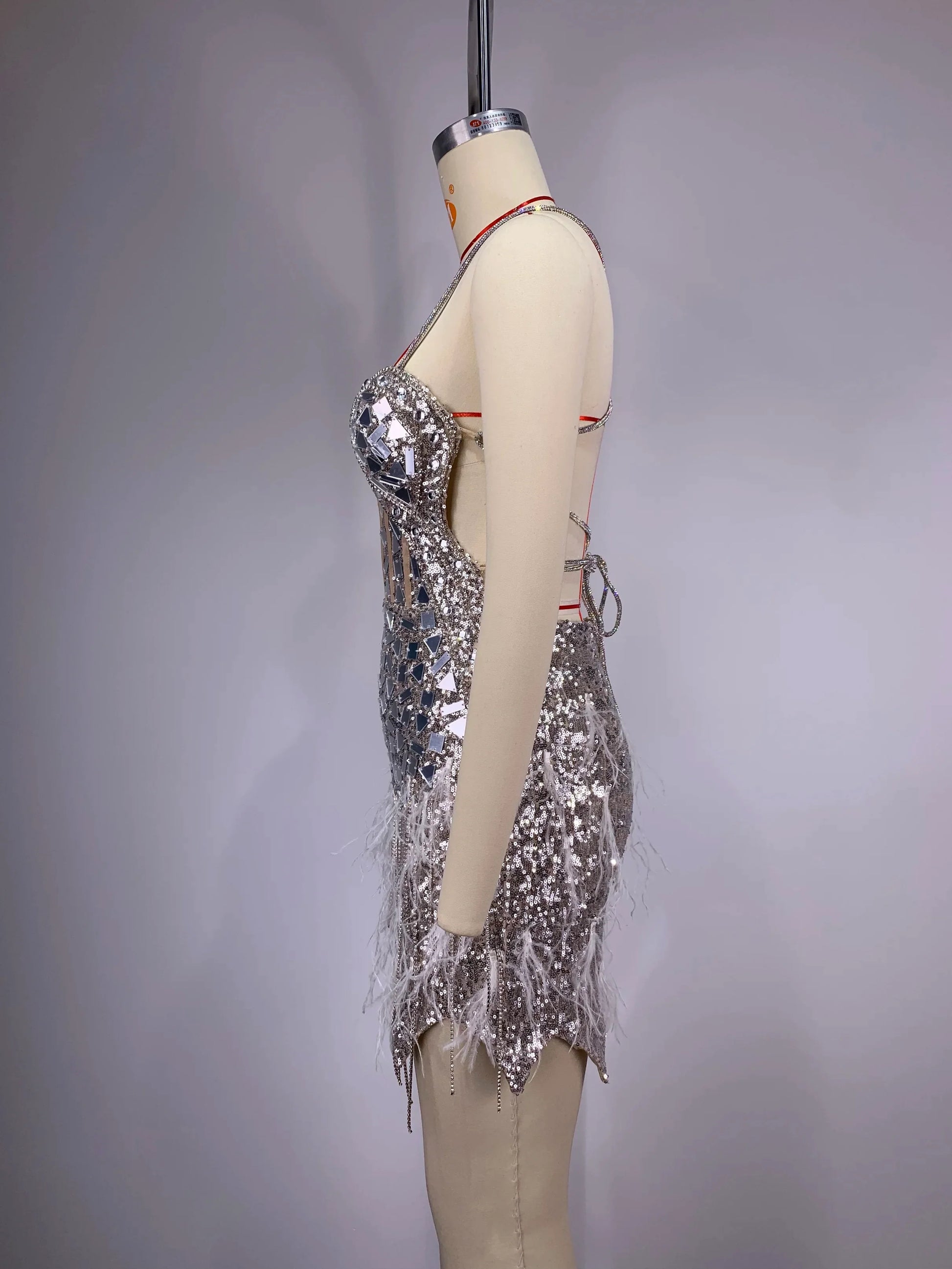 Sliver Sequins Diamonds Tassel Sexy V-Neck Strapless Mini Evening Dress Woman Birthday Party Outfit Stage Performance Costume