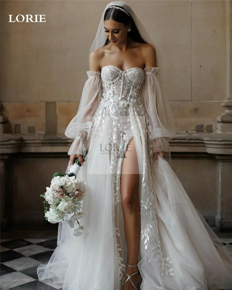 Lantejoulas lacinas vestidos de noiva de renda sopra manga longa Uma linha lateral lateral vestidos de noiva