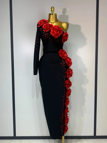 Women Luxury Black Single Sleeve Bandage Dress Red Appliquies Elegant Luxury Rhinestones Birthday Celebrity Evening Party Gowns black