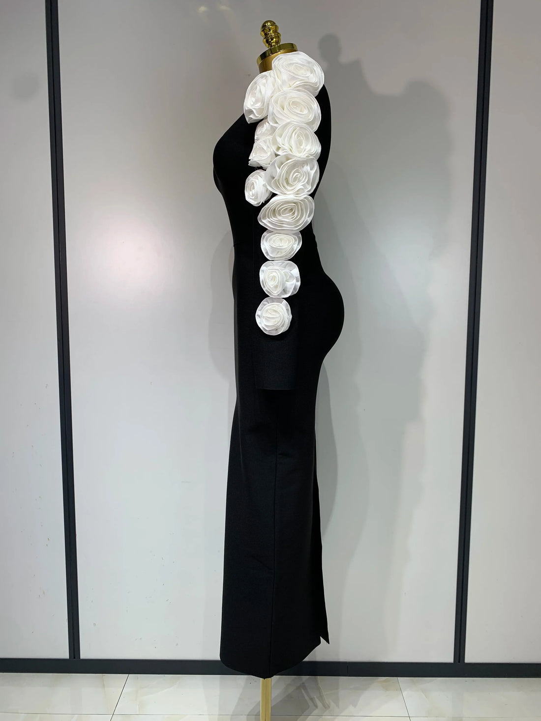 Women Sexy One Shoulder Cut Out Flower Maxi Long Bodycon Bandage Dress Celebrity Elegant Evening Club Birthday Party Dresses black