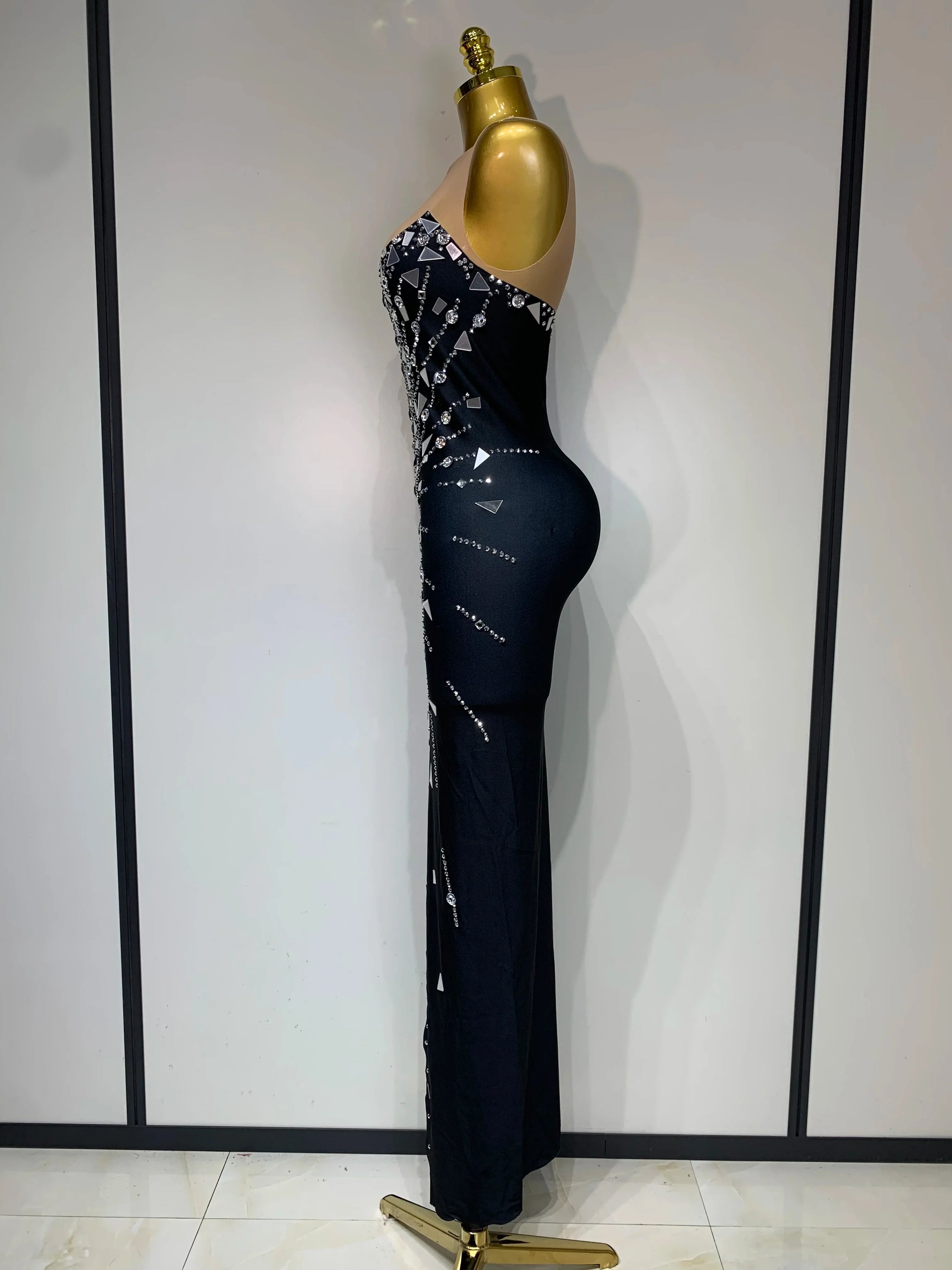 Black bowknot Lens Patchwork Dress Rhinestones Dress Women Party Long Dress Celebrate Evening Prom Dress Stage Festival Outfit