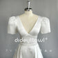 Short Puff Sleeves Satin Elegant Short Wedding Dress Detachable Train V Neck Mini Length Bridal Gown