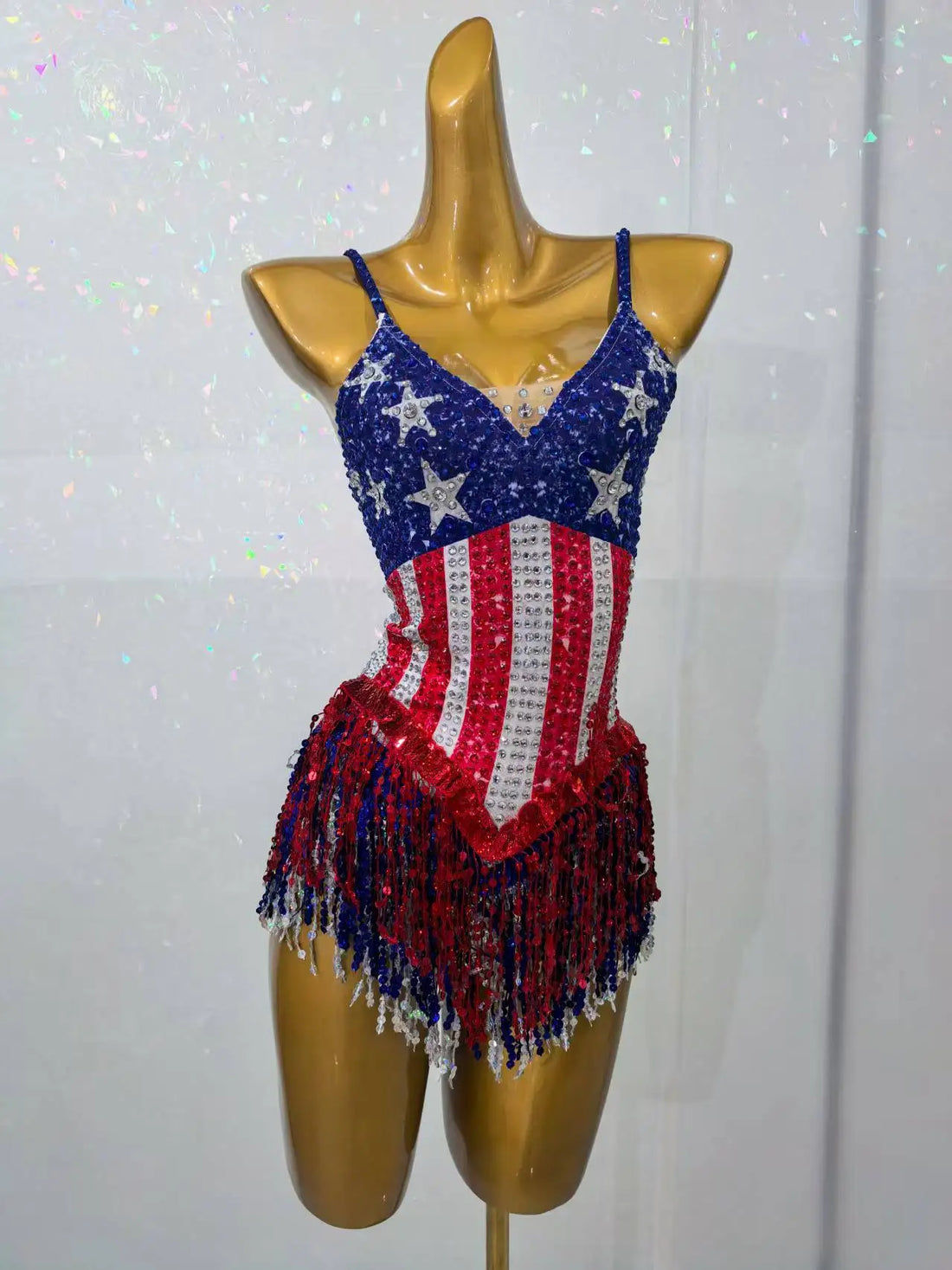 Maxituan Five Pointed Star Sparkly Rhinestone Tassel Bodysuit Sexy Women gig Performance Outfit Ladies Latino Dance Team Leotard Mixed Color