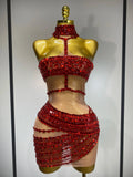 Sparkly Rhinestone Short Dress for Women Sexy Party Celebrate Birthday Dress Photo Shoot Performance Stage DJ Singing Costumes Red