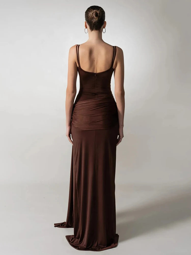 Chocolate Brown Strappy Sleeveless Draped Dress with High Slit & Cutout Detail for Formal Dinner Party Gown