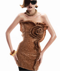 Stunning Strapless Sleeveless Brown Bodycon Mini Dress with Sequin Rose Detail for a Party