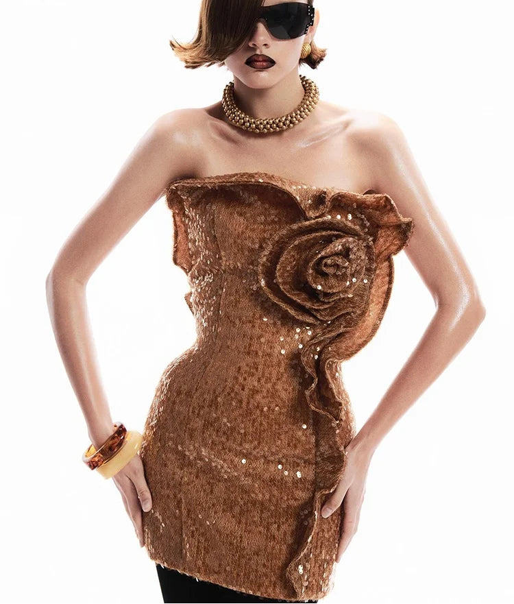 Stunning Strapless Sleeveless Brown Bodycon Mini Dress with Sequin Rose Detail for a Party