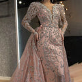 Elegant Champagne Feather Long Sleeve Evening Gown Luxury Dubai Beaded Muslim Women Wedding Fashion Sequin Dress