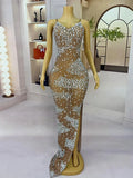 New Women's Sexy Maxi Dress Bodycon Mesh Ball Dress Birthday Party Queen Gown Sparkly Rhinestone Bar Evening Dress Xingmangzhiwu