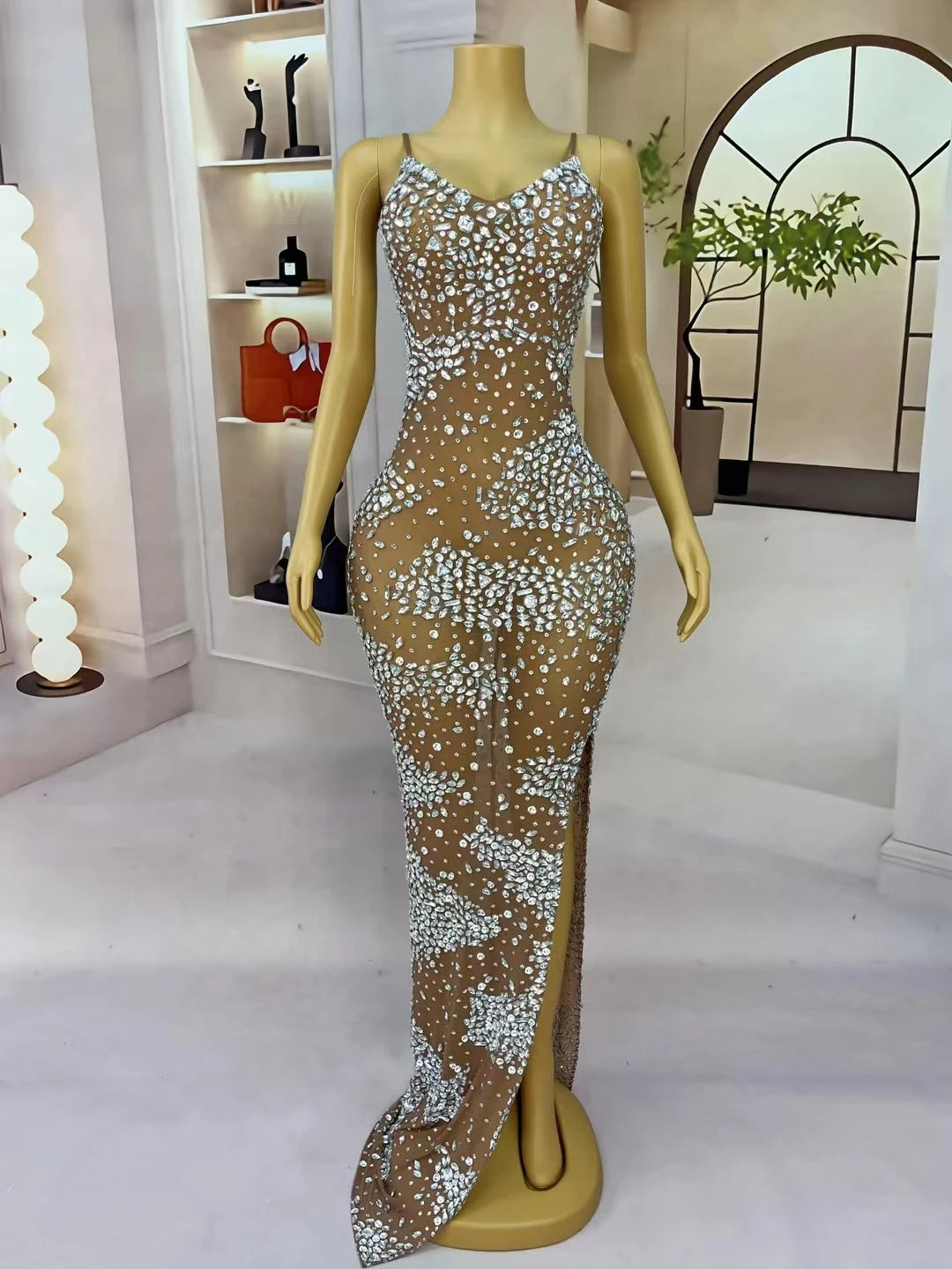 New Women's Sexy Maxi Dress Bodycon Mesh Ball Dress Birthday Party Queen Gown Sparkly Rhinestone Bar Evening Dress Xingmangzhiwu