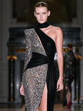 Sexy Sequin Patchwork Design Long Dress Halter Neck Draped One Shoulder Long Sleeve Split Maxi Evening Party Gowns