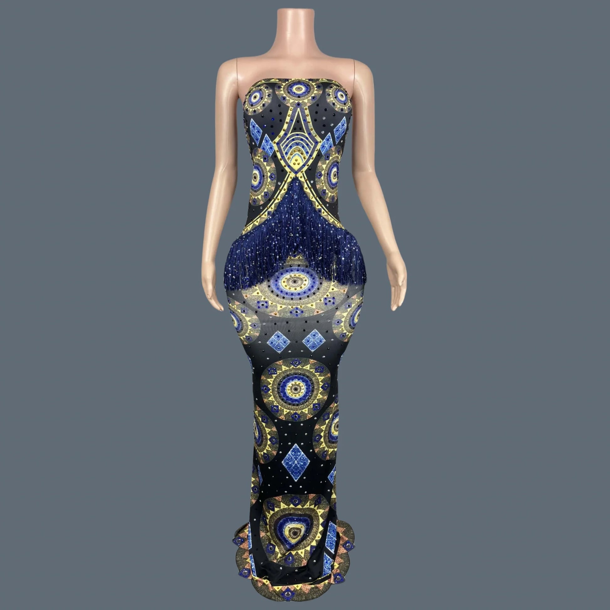 Spandex Bodycon Evening Gown Printing Tassel Long Dress Birthday Celebrate Party Queen Outfit Festival Event Couture Chengbao Strapless