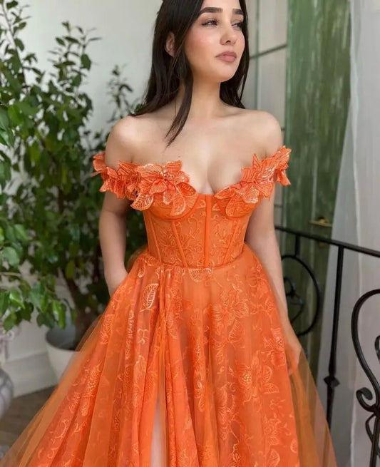 Lace Prom Dresses Long Floor Length Off Shoulder V Neckline Front Slit Women Evening Gowns Women Special Occasion Dresses