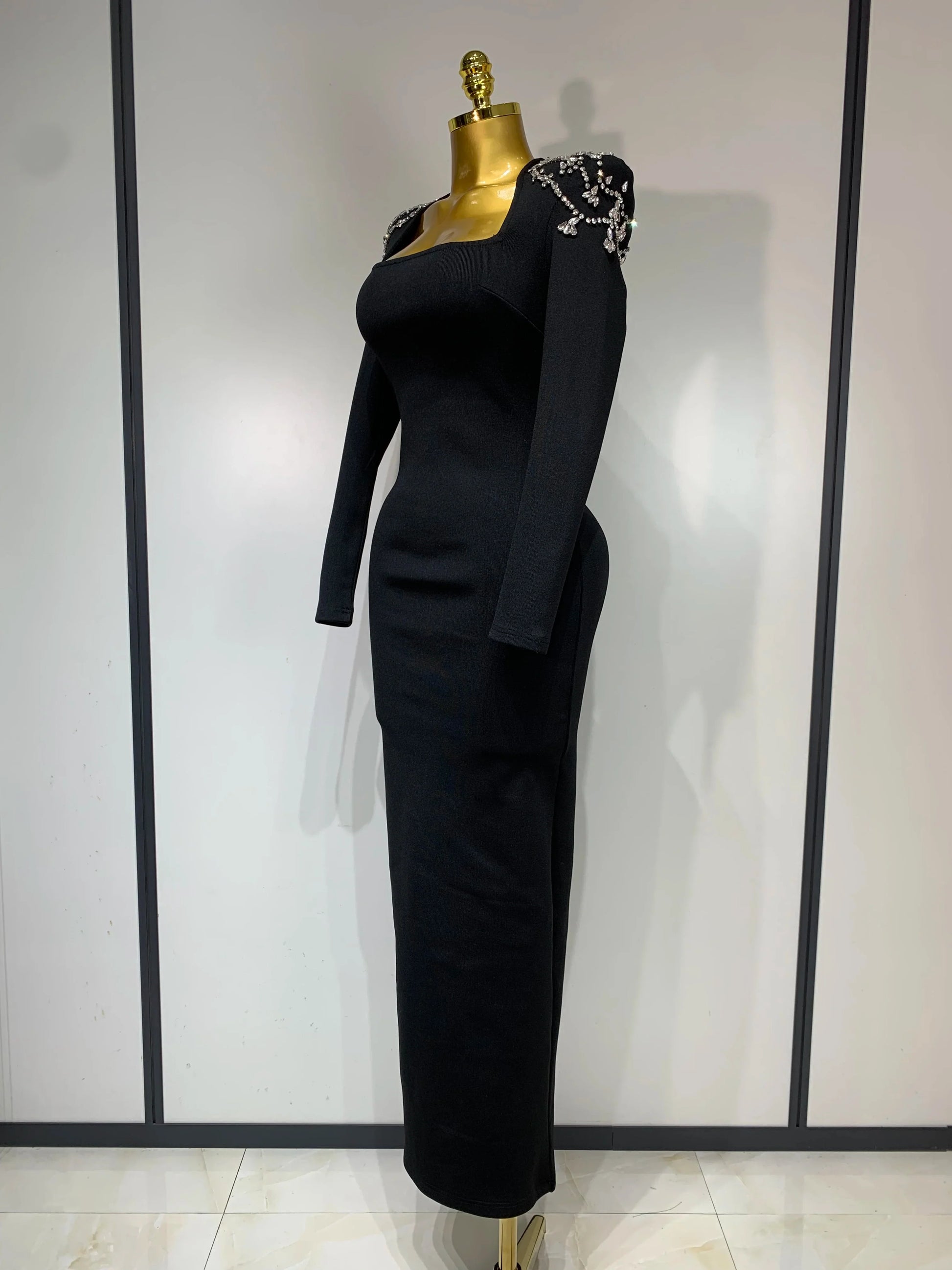 Luxury Birthday Dresses Diamond Tight Long Sleeve Square Neck Long Bandage Dress Women Wedding Evening Formal Gowns