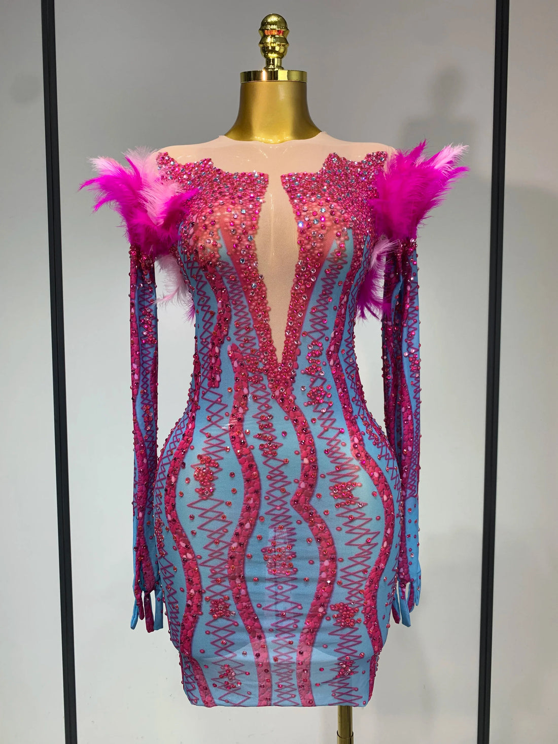 Women Sexy Mesh See Through Diamond Feather Dress Elegant Evening Party Luxury Birthday Nightclub Performance Stage Costume MULTI