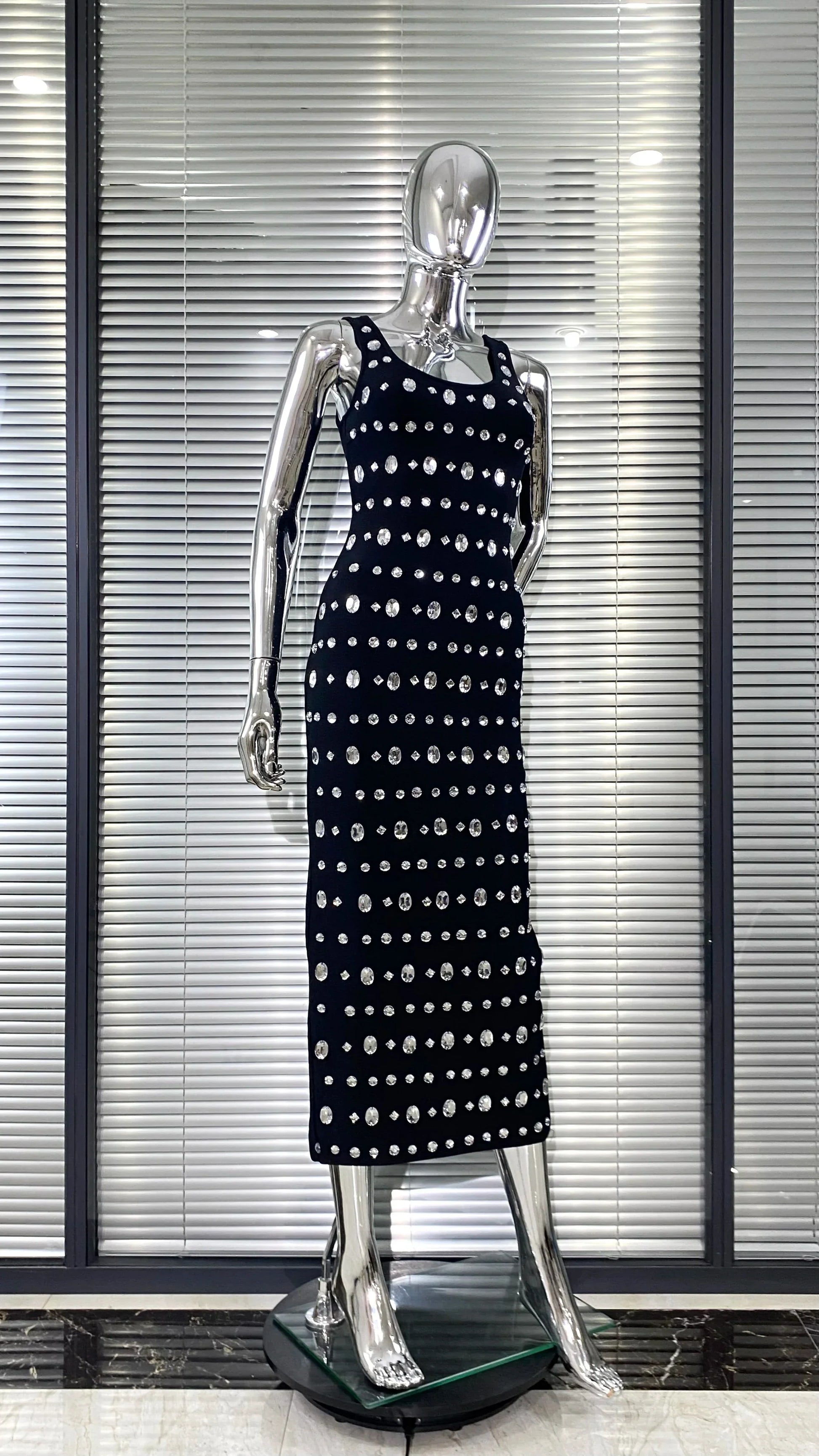 Sparkling Diamonds Sleeveless Package Black Bandage Ankle Length Dress Woman evening Party Dress Celebrity Birthday Party Outfit