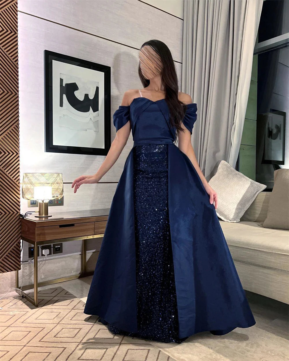 Dark Blue A-line Prom Dressess Off the Shoulder Floor-Length Beaded Vestidos De Noche Detachable Train Cocktail Party